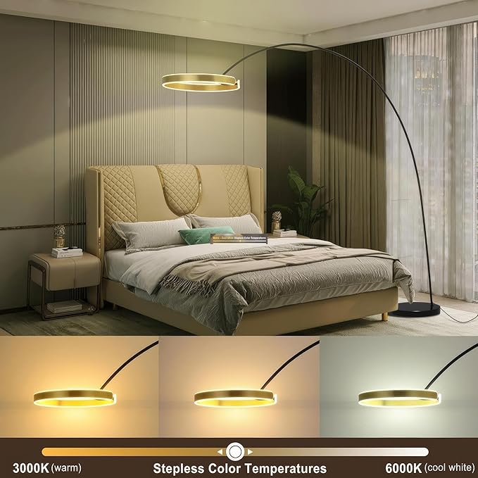Contemporary 81" Tall LED Overreaching Sofa Arched Floor Lamp with Remote Control - Modern Standing Corner Light, Gold Metal Shade, Real Marble Base - Ideal for Bedrooms and Living Room Décor - LeafyLoom