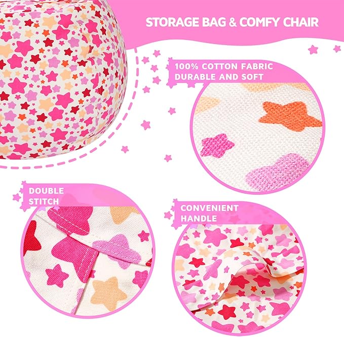Wekapo Stuffed Animal Storage Bean Bag Chair Cover for Kids | Stuffable Zipper Beanbag for Organizing Children Plush Toys Large Premium Cotton Canvas (Small star, X-Large) - LeafyLoom