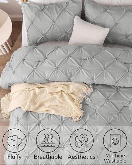 BEDELITE Grey King Size Comforter Set - 3 Pieces Boho Pintuck Bedding Comforter Sets, Lightweight Soft & Warm King Bedding Set with 2 Pillowcases for All Season - LeafyLoom