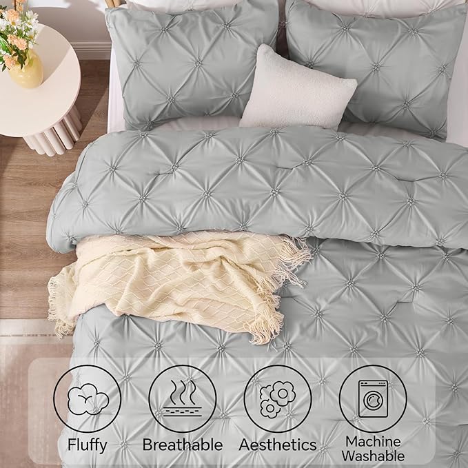 BEDELITE Grey King Size Comforter Set - 3 Pieces Boho Pintuck Bedding Comforter Sets, Lightweight Soft & Warm King Bedding Set with 2 Pillowcases for All Season - LeafyLoom