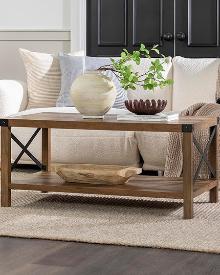 Walker Edison Sedalia Modern Farmhouse Metal X Coffee Table, 40 Inch, Rustic Oak - LeafyLoom