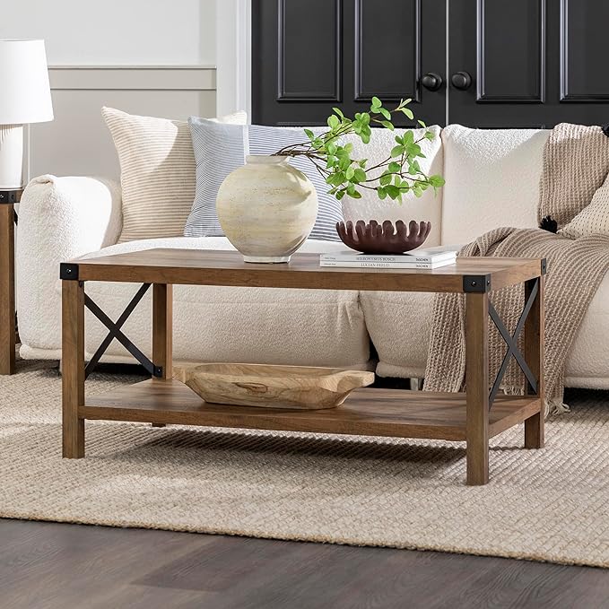 Walker Edison Sedalia Modern Farmhouse Metal X Coffee Table, 40 Inch, Rustic Oak - LeafyLoom