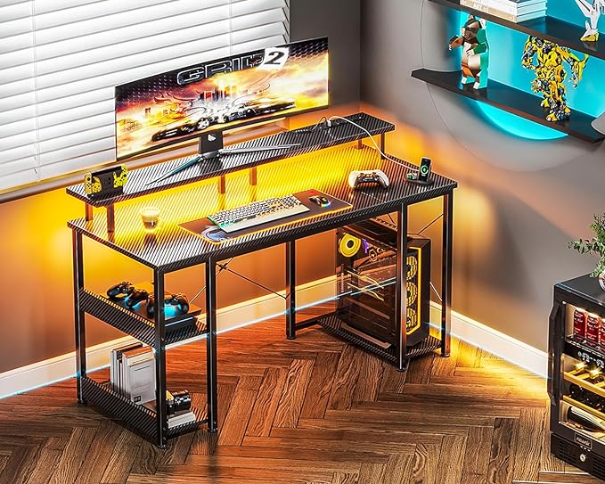 ODK 48 inch Computer Desk with Power Outlets & LED Lights, Gaming Desk with Monitor Stand & Storage Sheves, Home Office Desk, Carbon Fiber Black - LeafyLoom