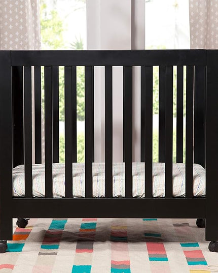 Babyletto Origami Mini Portable Folding Crib with Wheels in Black, 2 Adjustable Mattress Positions, Greenguard Gold Certified - LeafyLoom