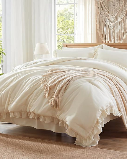 Anluoer King Comforter Set 7 Piece, Beige Bed in a Bag with Sheets, All Season Ruffle Shabby Chic Bedding Sets with 1 Comforter, 2 Pillow Shams, 2 Pillowcases, 1 Flat Sheet, 1 Fitted Sheet - LeafyLoom