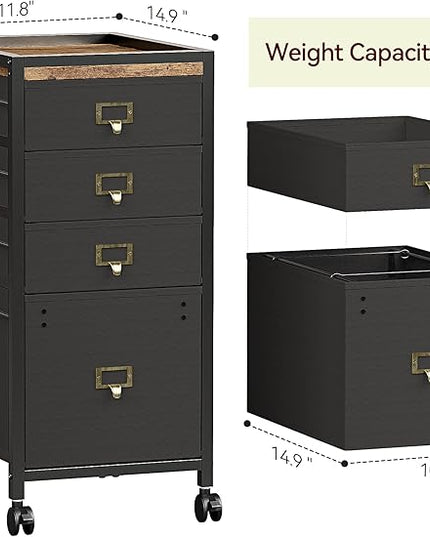 Vertical Mobile Filing Cabinet Fits A4 or Letter Size, Rustic Black - LeafyLoom