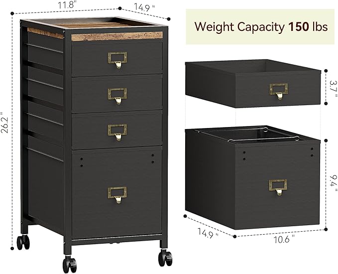 Vertical Mobile Filing Cabinet Fits A4 or Letter Size, Rustic Black - LeafyLoom