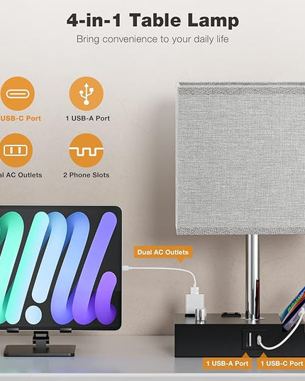 Kakanuo Fully Dimmable Bedside Lamps for Bedroom with USB C Ports, Grey USB Table Lamp Set of 2, Wooden Desk Lamp with 2 Charging Outlets and Phone Stand for Nightstand and Living Room, Bulb Included - LeafyLoom
