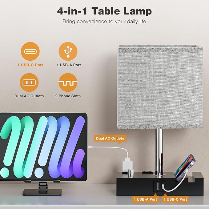 Kakanuo Fully Dimmable Bedside Lamps for Bedroom with USB C Ports, Grey USB Table Lamp Set of 2, Wooden Desk Lamp with 2 Charging Outlets and Phone Stand for Nightstand and Living Room, Bulb Included - LeafyLoom