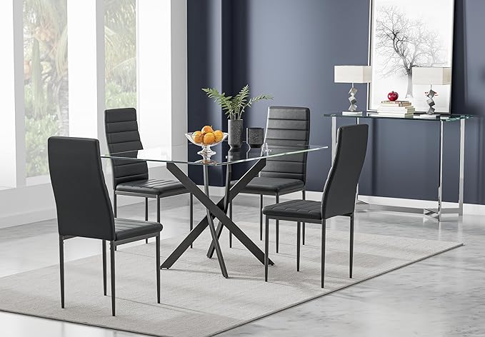 Tempered Glass Dining Table with Black Metal Legs, 47in Modern Rectangular Kitchen Table for Kitchen Dining Room Home Office (47.24 * 27.55, Black) - LeafyLoom