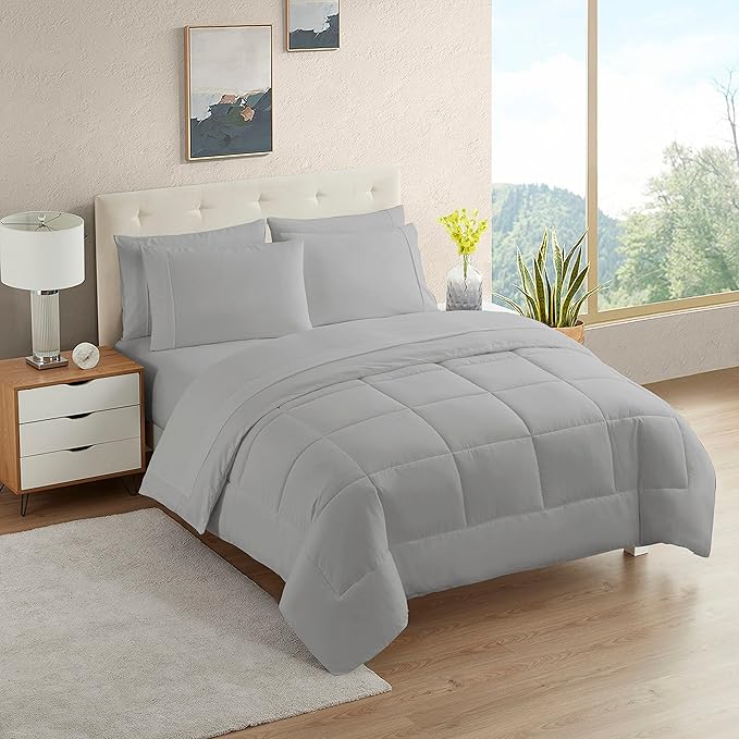 Dorm Room Essentials College Bedding Comforter Set 5 Piece Twin Size Bed in a Bag for College Students Boys and Girls, Twin, Silver - LeafyLoom