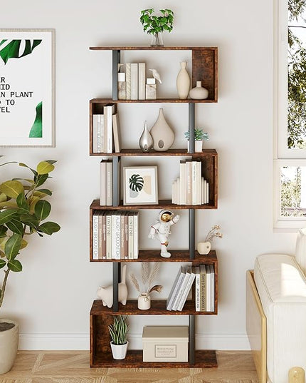 Yusong Geometric Bookcase, S Shaped Bookshelf 6-Tier Book Shelves for Bedroom, Modern Wood Decorative Display Shelf Tall Book Case for Home Office, Bown and Black - LeafyLoom