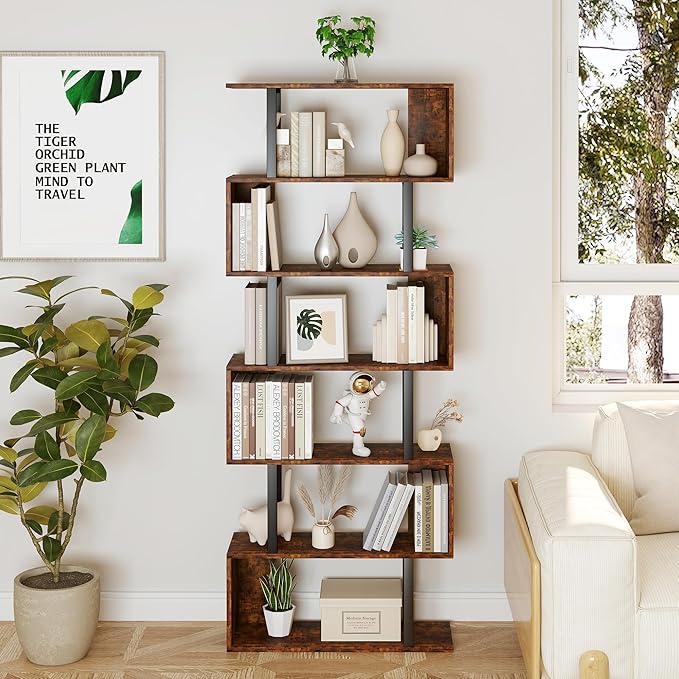 Yusong Geometric Bookcase, S Shaped Bookshelf 6-Tier Book Shelves for Bedroom, Modern Wood Decorative Display Shelf Tall Book Case for Home Office, Bown and Black - LeafyLoom