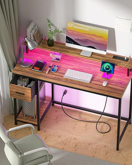 GreenForest Computer Desk with Drawers 47 inch,Gaming Desk with LED Lights & Power Outlets Small Desk with Monitor Stand and Reversible Shelf,Walnut - LeafyLoom
