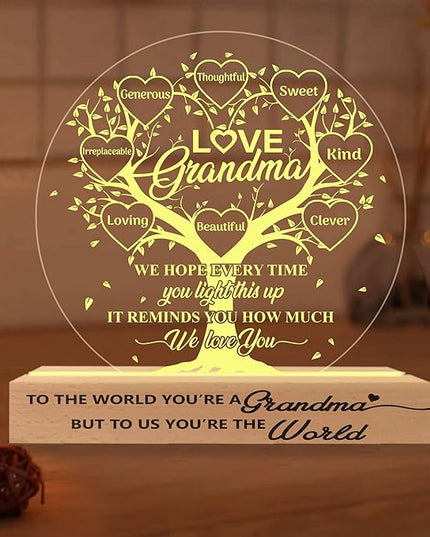 Grandma Gifts from Grandchildren, Grandma Acrylic Night Light Gift from Grandkids Grandson Granddaughter on Birthday Mothers Day Thanksgiving Christmas Bedroom Table Décor, 3D Illusion Lamp - LeafyLoom