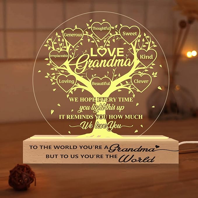 Grandma Gifts from Grandchildren, Grandma Acrylic Night Light Gift from Grandkids Grandson Granddaughter on Birthday Mothers Day Thanksgiving Christmas Bedroom Table Décor, 3D Illusion Lamp - LeafyLoom