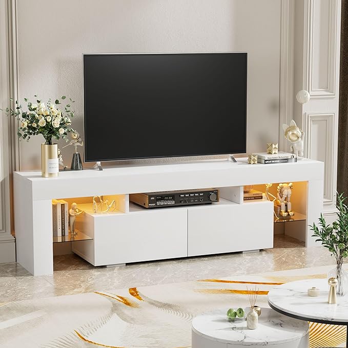 YESHOMY Modern LED TV Stand for Televisions up to 70 Inch with Glass Shelves and Drawer, Gaming Entertainment Center with Multiple Dynamic RGB Modes, for Livingroom, Bedroom, 60 Inch, White - LeafyLoom