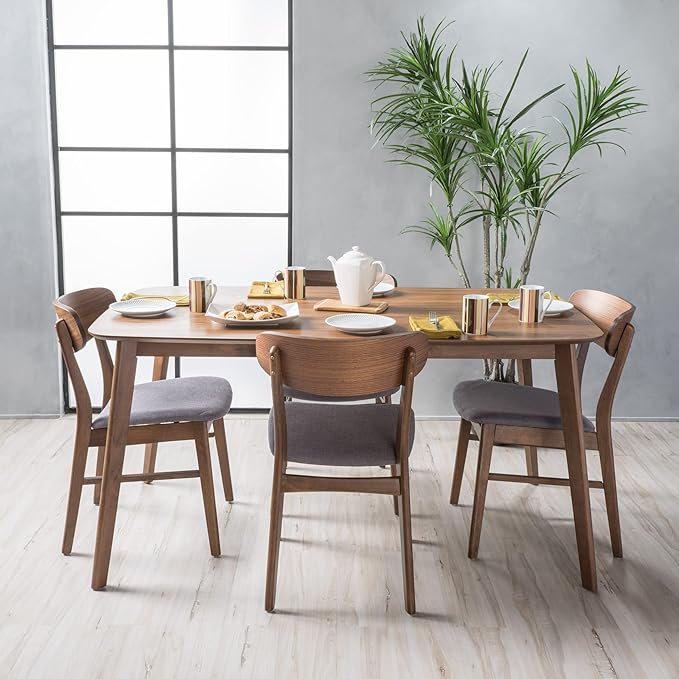 Christopher Knight Home Lucious 60" Rectangular Dining Set, 5-Pcs Set, Natural Walnut / Dark Grey - LeafyLoom