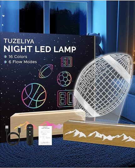Kids Night Light Football 3D Optical Illusion Lamp with Remote Control 16 Colors Changing Football Birthday Valentine's Day Gift Idea for Sport Fan Boys Girls - LeafyLoom