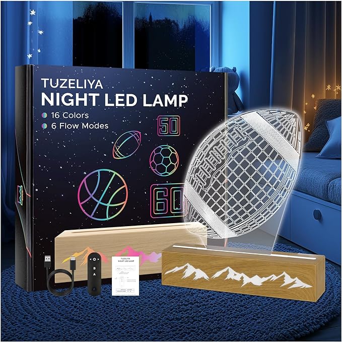 Kids Night Light Football 3D Optical Illusion Lamp with Remote Control 16 Colors Changing Football Birthday Valentine's Day Gift Idea for Sport Fan Boys Girls - LeafyLoom
