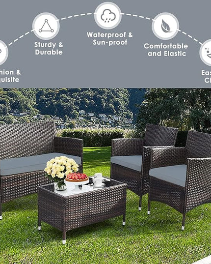 Goplus 4-Piece Rattan Patio Set, Outdoor/Indoor Wicker Conversation Set for Pool, Backyard, Lawn, Wicker Chairs and Sofa with Soft Cushion, Rattan Furniture with Tempered Glass Coffee Table - LeafyLoom