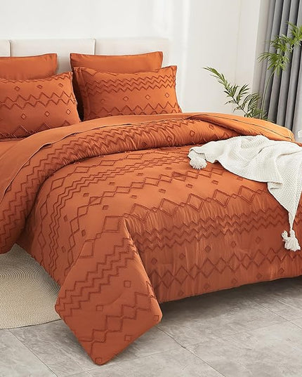 EMME Twin Comforter Set - 5 Pcs Pumpkin Boho Bedding Sets, Tufted Comforter with Sheets, Shabby Chic Embroidery Twin Size Bed Set Fluffy Bed Bag for All Season(68"X90") - LeafyLoom
