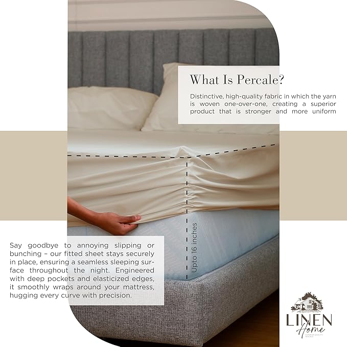 100% Cotton Percale Sheets Twin Size,Light Taupe, Deep Pocket, 3 Pieces Sheet Set - 1 Flat, 1 Deep Pocket Fitted Sheet and 1 Pillowcase, Crisp Cool and Strong Bed Linen - LeafyLoom