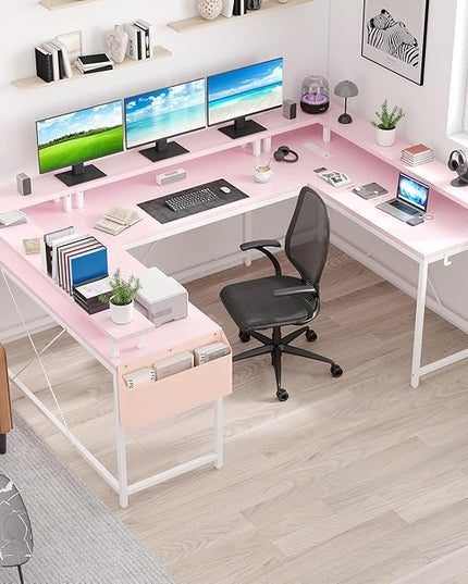 U Shaped Computer Gaming Desk, Reversible L Shaped Desk with Power Outlets, LED Strip & Monitor Stand, Large Corner Desk with Storage Shelves for Home Office,Deep Pink - LeafyLoom