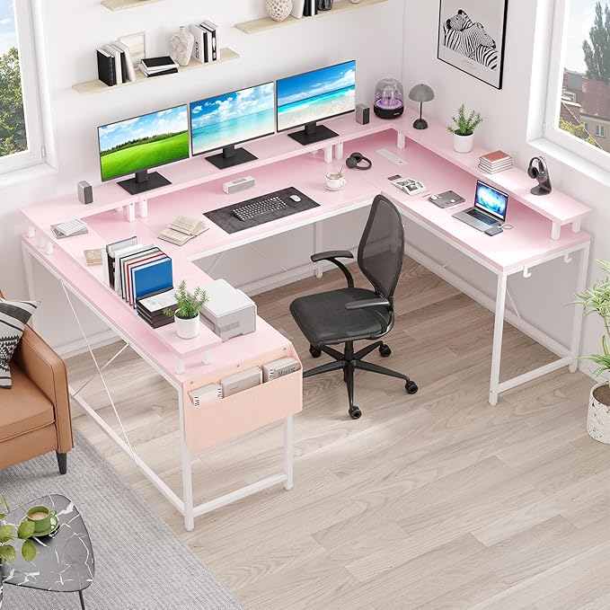 U Shaped Computer Gaming Desk, Reversible L Shaped Desk with Power Outlets, LED Strip & Monitor Stand, Large Corner Desk with Storage Shelves for Home Office,Deep Pink - LeafyLoom