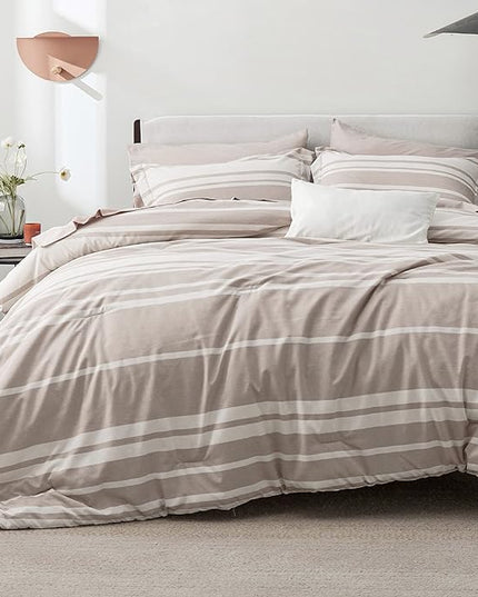 Bedsure Bed in a Bag California King Size 7 Pieces, Light Camel White Striped Bedding Comforter Sets All Season Bed Set, 2 Pillow Shams, Flat Sheet, Fitted Sheet and 2 Pillowcases - LeafyLoom