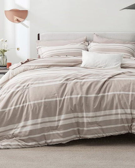 Bedsure Bed in a Bag Queen Size 7 Pieces, Light Camel White Striped Bedding Comforter Sets All Season Bed Set Khaki, 2 Pillow Shams, Flat Sheet, Fitted Sheet and 2 Pillowcases - LeafyLoom