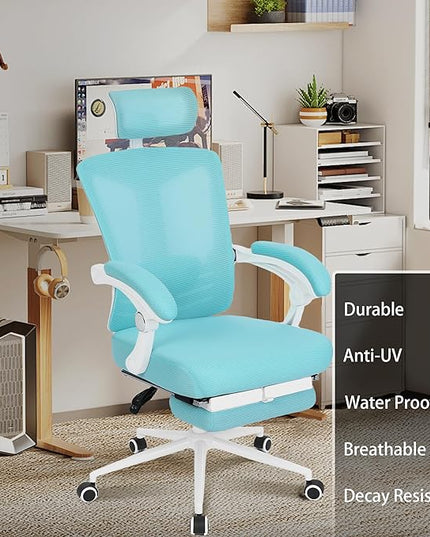 Vonesse Ergonomic Office Chair with Headrest Computer Mesh Office Chair with Footrest Big and Tall Office Chair High Back Comfortable Home Office Chair for Heavy People Desk Chair Teal/Cyan - LeafyLoom