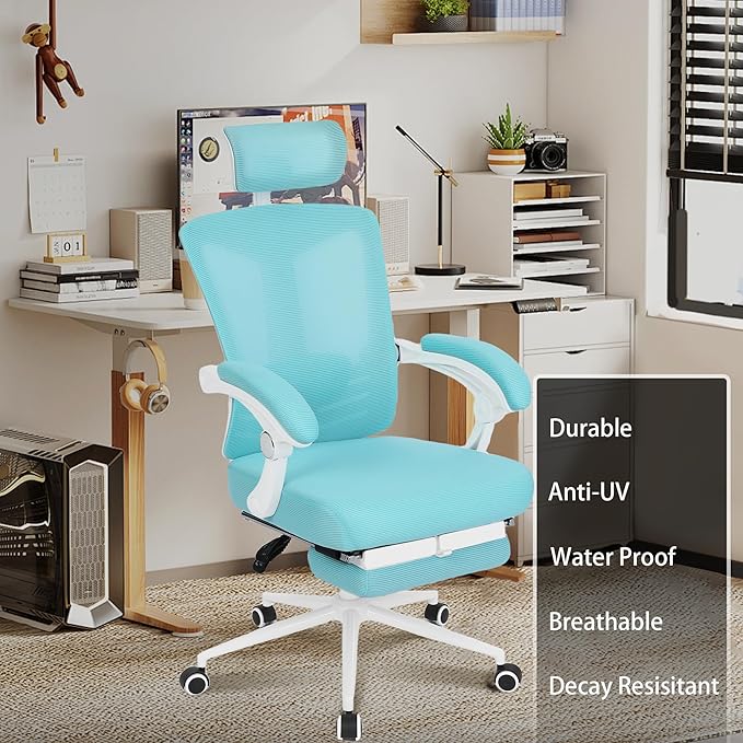 Vonesse Ergonomic Office Chair with Headrest Computer Mesh Office Chair with Footrest Big and Tall Office Chair High Back Comfortable Home Office Chair for Heavy People Desk Chair Teal/Cyan - LeafyLoom