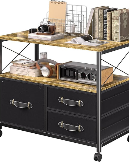 VECELO Mobile File Cabinet, Rolling Printer Stand with Open Shelf Fabric Lateral Storage Station for Home Office, Adapts Letter Size Hanging Folders, Brown, 3 Drawer - LeafyLoom