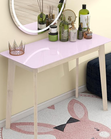 TaoHFE Pink Vanity Desk with Solid Rubber Wood Legs Glossy Pink 39 Inch Vanity Table Computer Desk for Home Small Spaces Girl Makeup Desk Modern Vanity Desk No Mirror Dressing Table for Bedroom - LeafyLoom