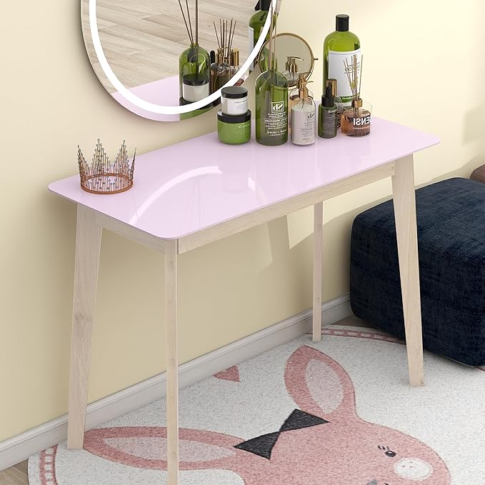 TaoHFE Pink Vanity Desk with Solid Rubber Wood Legs Glossy Pink 39 Inch Vanity Table Computer Desk for Home Small Spaces Girl Makeup Desk Modern Vanity Desk No Mirror Dressing Table for Bedroom - LeafyLoom