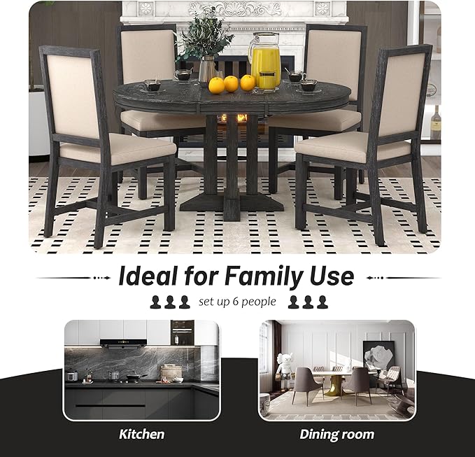 NicBex Small Kitchen Table Set for 4 Round Dining Table Farmhouse Dining Set 5-Piece Dining Set Extendable Round Table and 4 Upholstered Chairs for Kitchen, Black - LeafyLoom