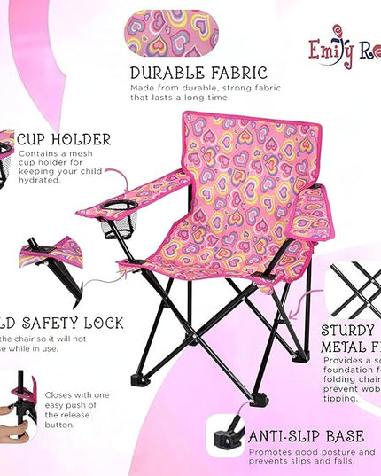 Emily Rose Kids Folding Chair | Beach Chair with Safety Lock- Camping Chair for Boyos Girls Toddler with Cup Holder & Carry Case- Tailgate, Travel, Lawn- for Indoor & Outdoor (Playful Hearts) - LeafyLoom