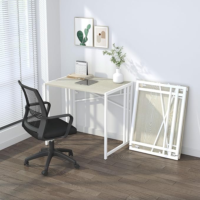32 inch Small Folding Desk, Writing Gaming Computer Camping Desk for Small Spaces, No Assembly Required Home Office Desk, Natural and White - LeafyLoom