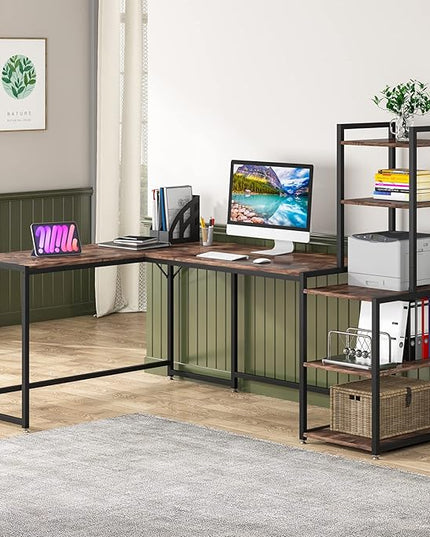 79 Inch Reversible L-Shaped Desk, Large Corner Computer Desk with 5 Tier Storage Shelves - LeafyLoom