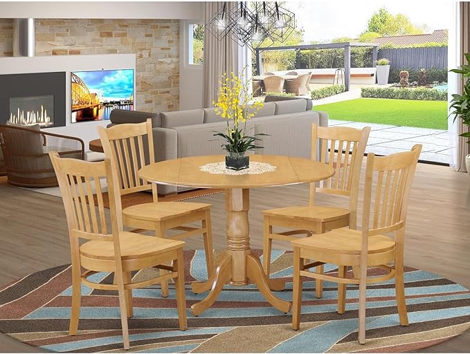 East West Furniture Dublin 5 Piece Modern Set Includes a Round Wooden Table with Dropleaf and 4 Kitchen Dining Chairs, 42x42 Inch, Oak - LeafyLoom