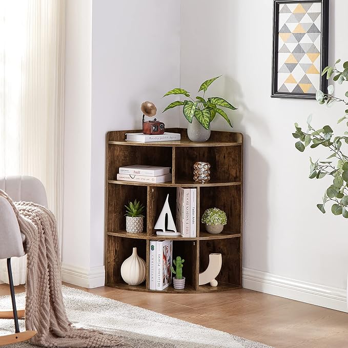 Vecelo 3-Tier Corner Cabinet with 8 Cubbies, Wooden Cube Storage Organizer, Modern Bookshelf Units for Playroom, Bedroom, Living Room, Brown - LeafyLoom