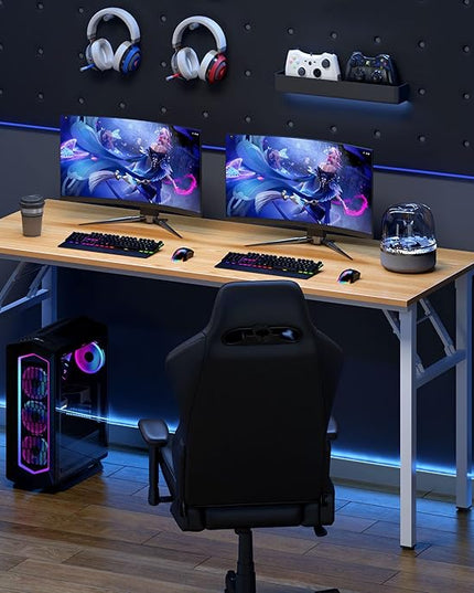 Need Home Office Desk Large Computer Desk 60 inch Sturdy Table Foldable Desk Gaming Computer Table No Assembly Required, Teak&White Frame AC5BW(152.4 * 60) - LeafyLoom