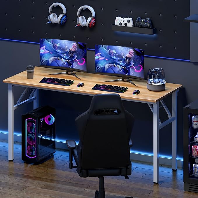 Need Home Office Desk Large Computer Desk 60 inch Sturdy Table Foldable Desk Gaming Computer Table No Assembly Required, Teak&White Frame AC5BW(152.4 * 60) - LeafyLoom