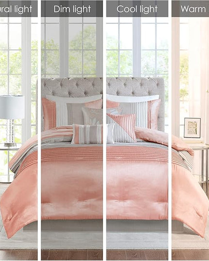 Madison Park Amherst Faux Silk Comforter Set - Casual Contemporary Design, All Season Down Alternative Bedding, Matching Shams, Bedskirt, Decorative Pillows, Cal King(104"x92"), Coral 7 Piece - LeafyLoom
