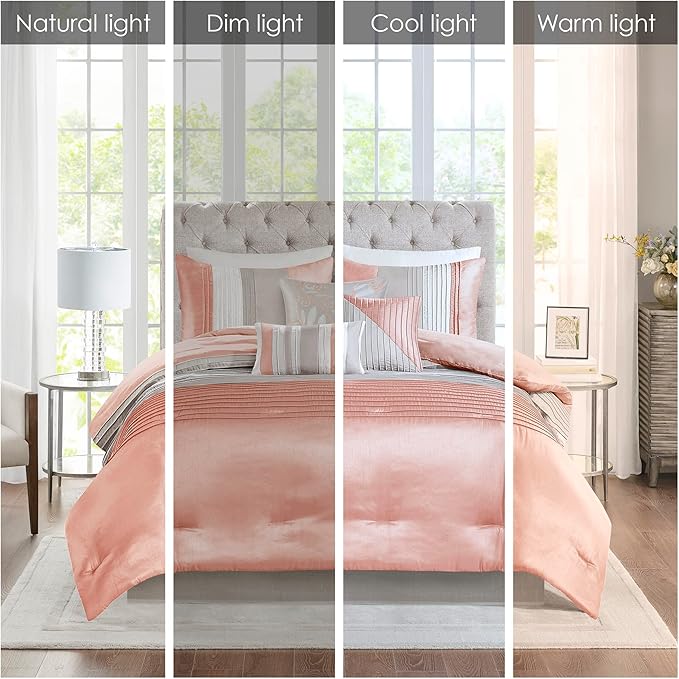 Madison Park Amherst Faux Silk Comforter Set - Casual Contemporary Design, All Season Down Alternative Bedding, Matching Shams, Bedskirt, Decorative Pillows, Cal King(104"x92"), Coral 7 Piece - LeafyLoom