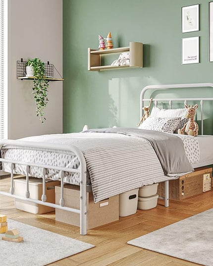 Vintage Twin Size Bed Frame with Headboard and Footboard Mattress Heavy Duty Metal Platform Bed Frame Steel Slat Support (Twin, White) - LeafyLoom