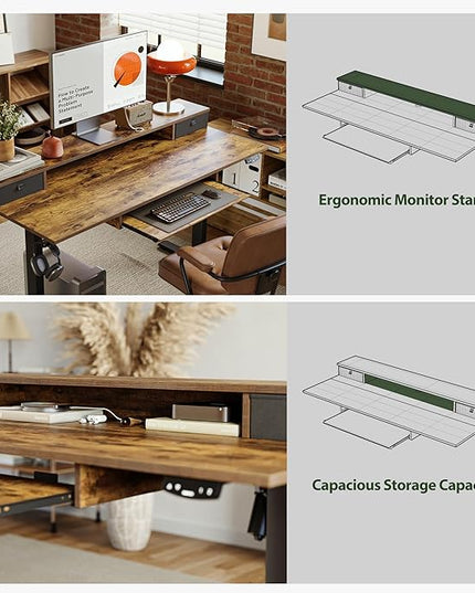 Electric Standing Desk with 2 Drawers and Keyboard Tray, 63 x 24 Inches Ergonomic Adjustable Height Desk with Storage, Sit Stand up Desk Computer Workstation, Rustic Brown - LeafyLoom