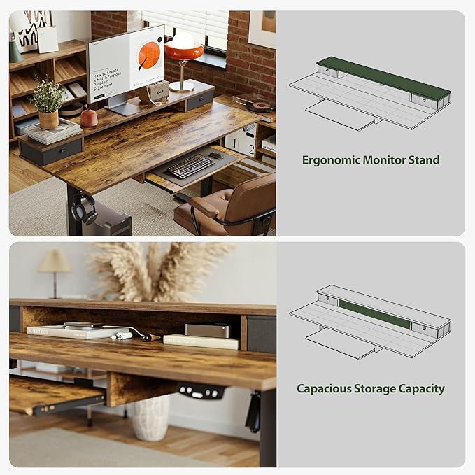 Electric Standing Desk with 2 Drawers and Keyboard Tray, 63 x 24 Inches Ergonomic Adjustable Height Desk with Storage, Sit Stand up Desk Computer Workstation, Rustic Brown - LeafyLoom