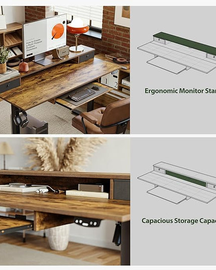 Electric Standing Desk with 2 Drawers and Keyboard Tray, 55 x 24 Inches Ergonomic Adjustable Height Desk with Storage, Sit Stand up Desk Computer Workstation, Rustic Brown - LeafyLoom